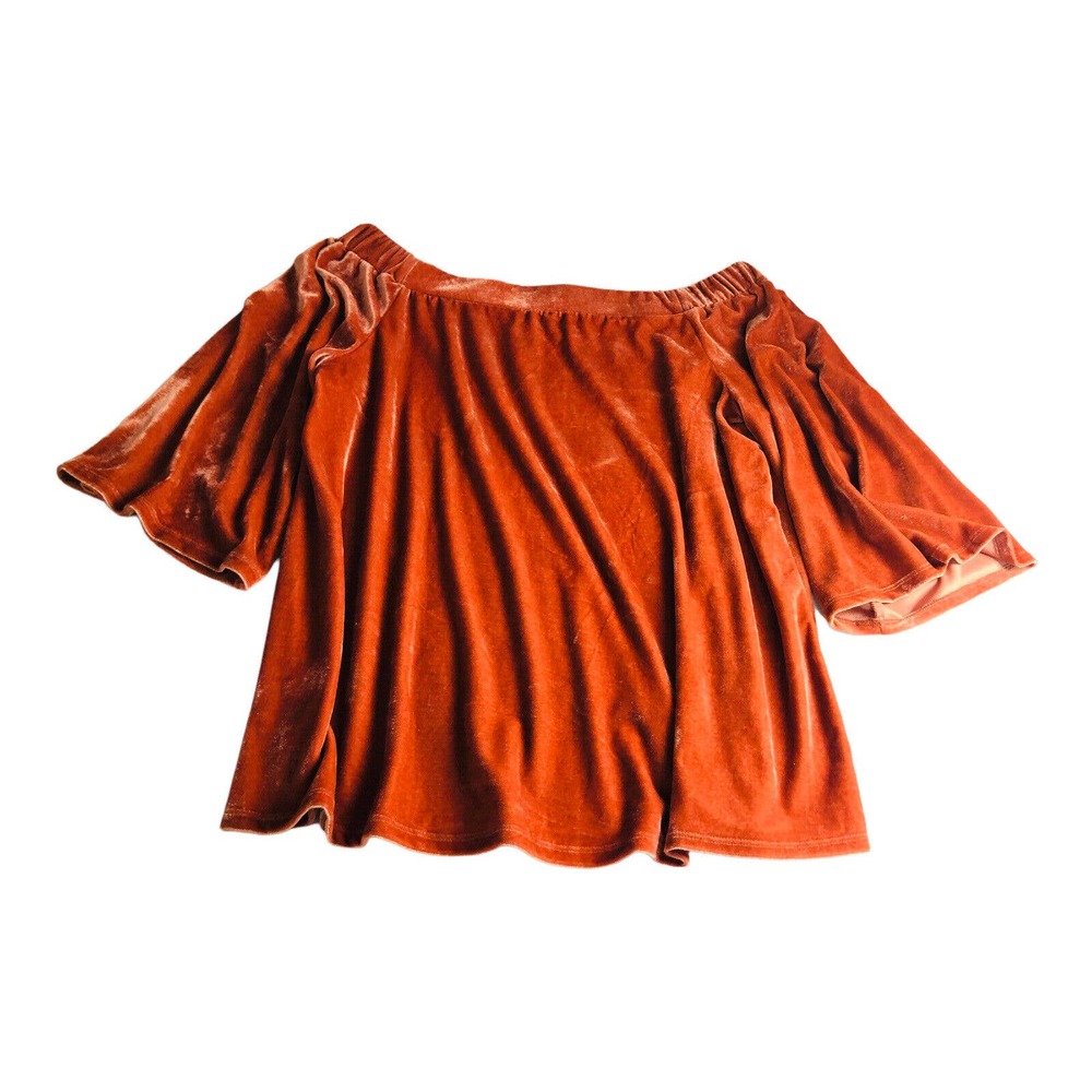 Women's Large Burnt Orange Velvet Boat Neck Blouse Off Shoulder
